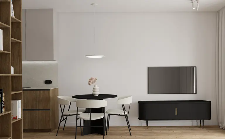 Wnętrze jadalni w stylu eklektycznym, japandi, minimalistycznym, soft minimalizm.