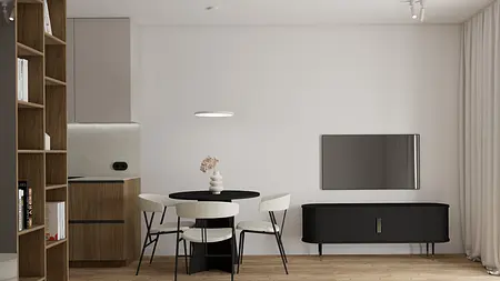 Wnętrze jadalni w stylu eklektycznym, japandi, minimalistycznym, soft minimalizm.