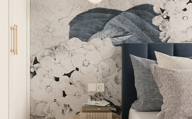 Wnętrze sypialni w stylu eklektycznym z nowoczesnymi detalami.