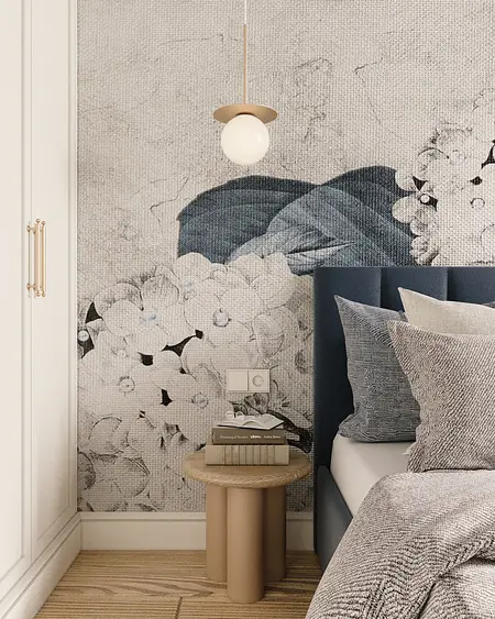 Wnętrze sypialni w stylu eklektycznym z nowoczesnymi detalami.
