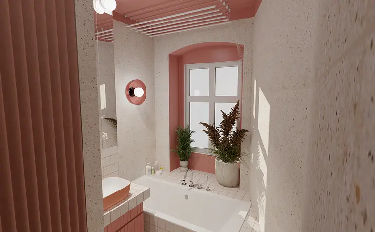 Wnętrze łazienki w stylu dopamine decor z różowymi akcentami i roślinami.