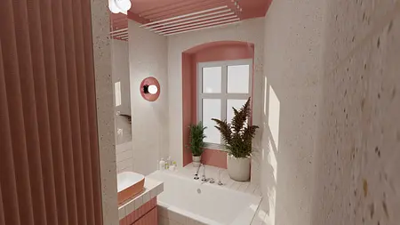 Wnętrze łazienki w stylu dopamine decor z różowymi akcentami i roślinami.