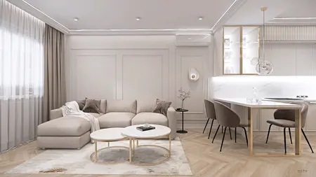 Wnętrze salonu w stylu minimaluxe z jasnymi meblami i nowoczesnymi akcentami.