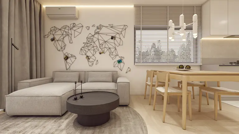 Wnętrze salonu w stylu japandi z minimalistycznym wystrojem, skandynawskie meble