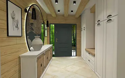 Przedpokój w stylu boho, prowansalskim, rustykalnym i vintage z drewnianymi detalami.