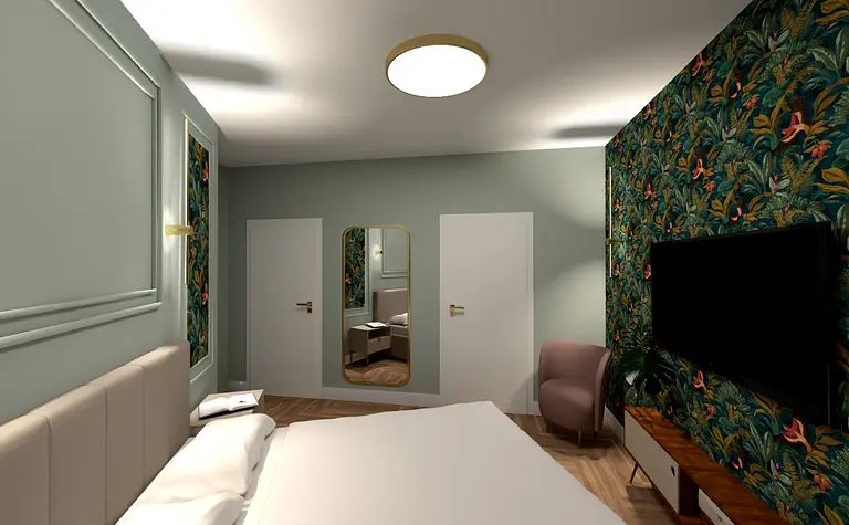 Wnętrze sypialni z eklektycznym stylem, zieloną tapetą i nowoczesnym umeblowaniem.