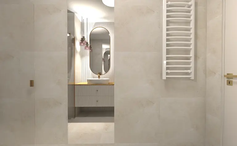 Nowoczesna łazienka z jasnymi płytkami i drewnianym blatem