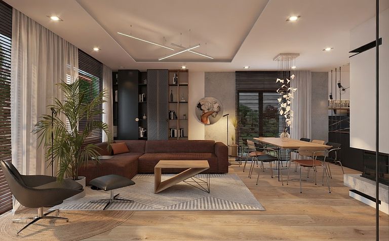 Wnętrze salonu z brązową sofą i minimalistycznym stołem, styl dopamine decor, soft minimalizm.