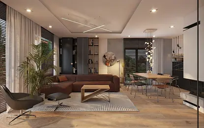 Wnętrze salonu z brązową sofą i minimalistycznym stołem, styl dopamine decor, soft minimalizm.