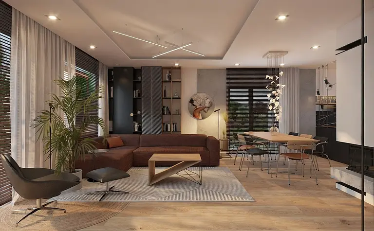 Wnętrze salonu z brązową sofą i minimalistycznym stołem, styl dopamine decor, soft minimalizm.