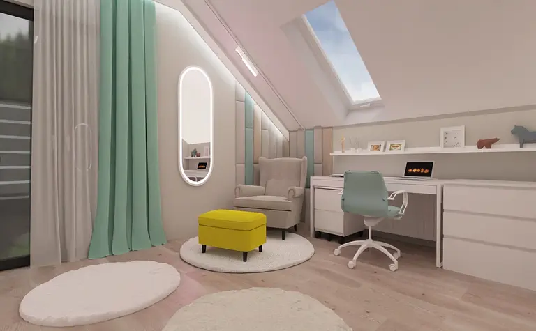 Wnętrze pokoju z biurkiem, fotelem, zielonymi zasłonami i elementami art deco oraz boho.