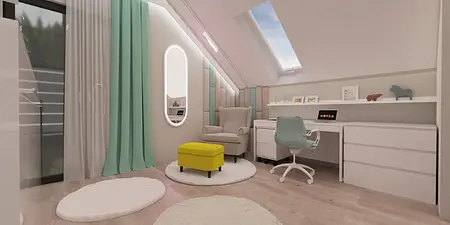 Wnętrze pokoju z biurkiem, fotelem, zielonymi zasłonami i elementami art deco oraz boho.