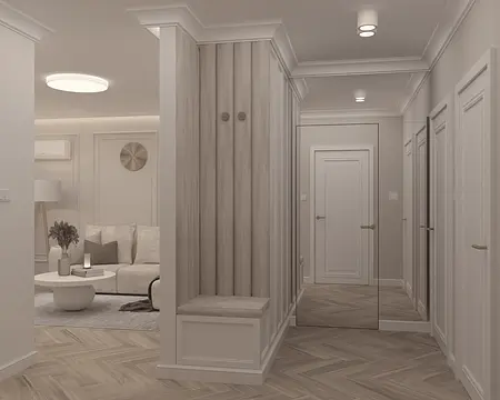 Nowoczesny przedpokój z elementami quiet luxury, jasne ściany i drewniana podłoga.