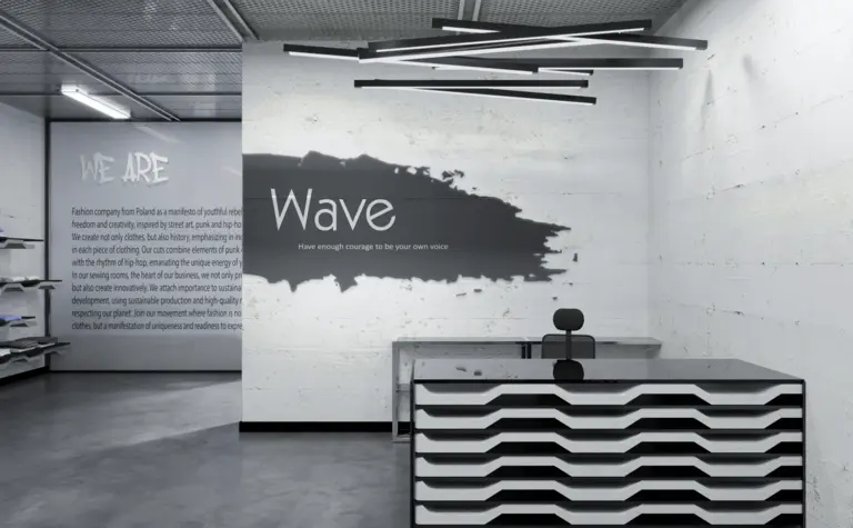 Biuro z minimalistycznym wystrojem, czarne biurko i białe ściany, nowoczesny design.
