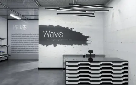 Biuro z minimalistycznym wystrojem, czarne biurko i białe ściany, nowoczesny design.