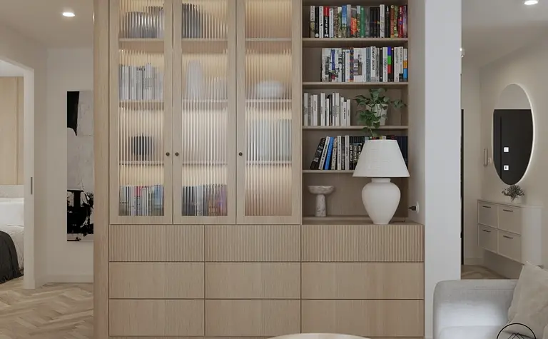 Wnętrze z drewnianą biblioteczką, lampą i książkami, styl minimaluxe i nowoczesny