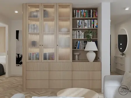 Wnętrze z drewnianą biblioteczką, lampą i książkami, styl minimaluxe i nowoczesny