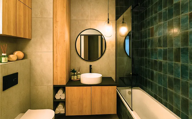 Nowoczesna łazienka skandynawska z drewnem i zielonymi płytkami.