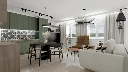 Wnętrze kuchni w stylu art deco z zielonymi meblami, drewnianym blatem i nowoczesnym oświetleniem.