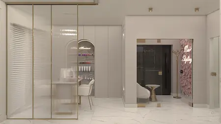 Wnętrze salonu w stylu glamour i nowoczesnym, z białymi meblami i eleganckimi detalami.