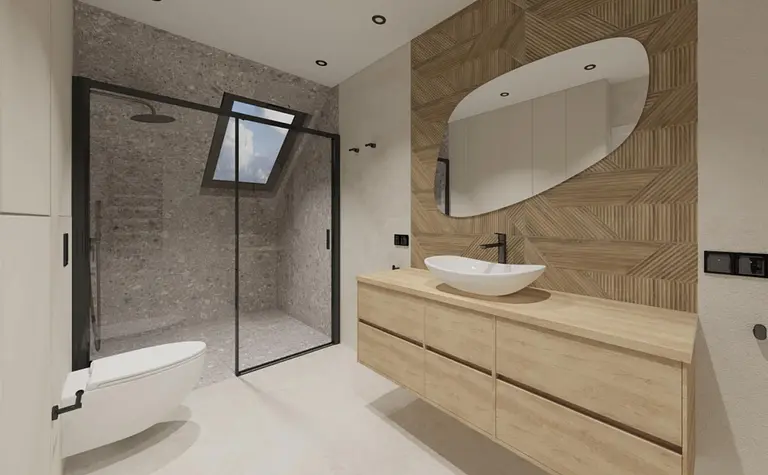 Nowoczesna łazienka z drewnianymi elementami, minimalistycznym prysznicem i industrialnymi akcentami.