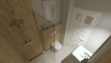 Wnętrze łazienki z drewnianą zabudową i nowoczesnym prysznicem oraz dekoracyjną podłogą.