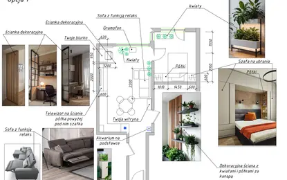 Wnętrze z biurkiem, sofą i roślinami w stylu industrialnym, minimalistycznym, nowoczesnym.