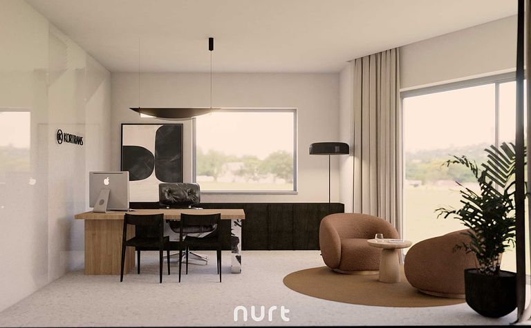 Biuro - czarne obłości, brzoskwiniowe plany, straciatella