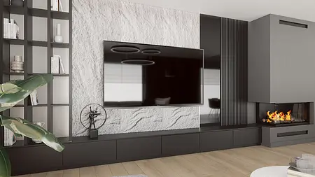 Wnętrze salonu z telewizorem, kominkiem i minimalistycznymi meblami.
