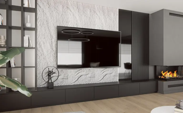 Wnętrze salonu z telewizorem, kominkiem i minimalistycznymi meblami.