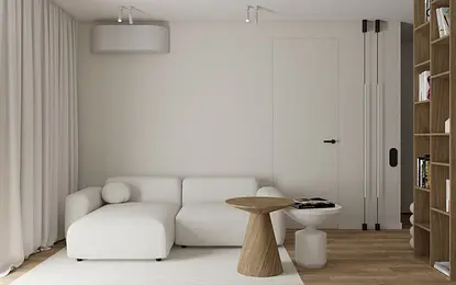 Eklektyczny salon w stylu japandi z minimalistycznymi elementami i soft minimalizmem.