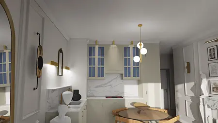 Nowoczesna kuchnia w stylu art deco z marmurowym blatem i niebieskimi akcentami.