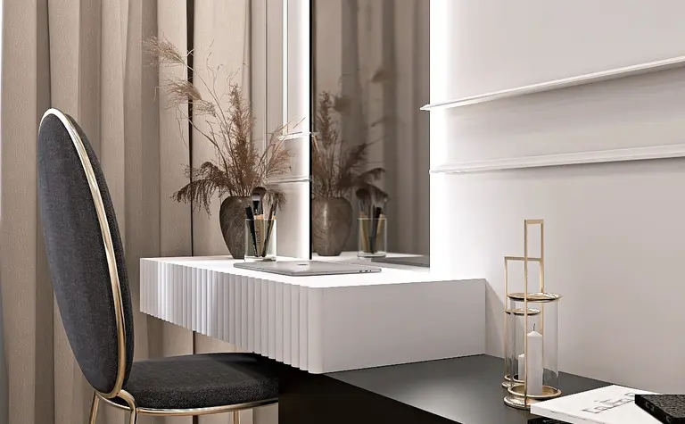 Stół z lustrem w minimalistycznym wnętrzu, styl nowoczesny i quiet luxury.