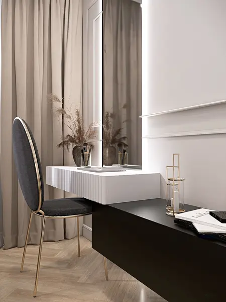 Stół z lustrem w minimalistycznym wnętrzu, styl nowoczesny i quiet luxury.