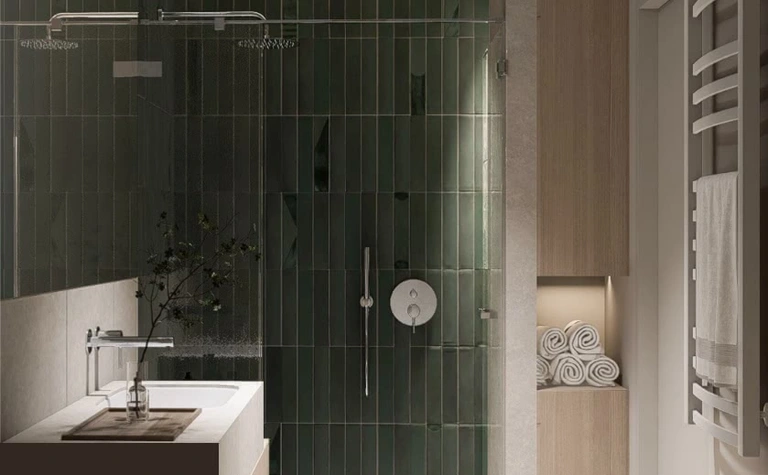 Nowoczesna łazienka z zielonymi płytkami, drewnem, dopamine decor, japandi, minimalistyczny, soft minimalizm.