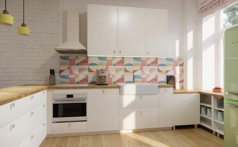 Kuchnia w stylu dopamine decor, eklektyczna, skandynawska z białymi meblami i pastelowym backsplash.