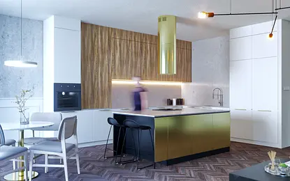 Wnętrze kuchni w stylu glamour i industrialnym z drewnianymi meblami.
