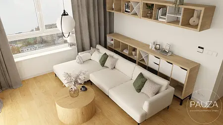 Wnętrze salonu w stylu japandi i nowoczesnym z jasną sofą i drewnianym stolikiem.
