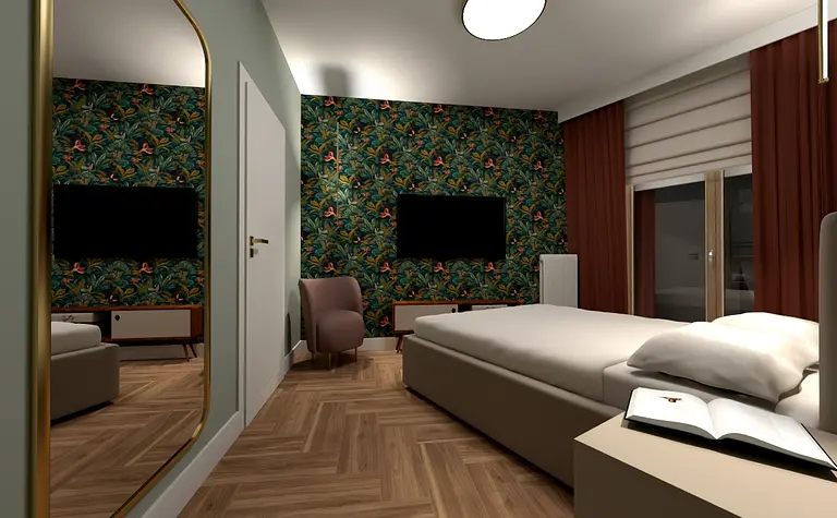 Wnętrze sypialni z kwiecistą tapetą, łóżkiem i fotelem, styl eklektyczny.