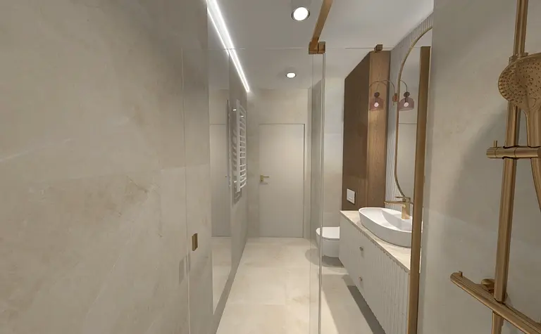 Współczesna łazienka z jasnymi płytkami i drewnianymi detalami.