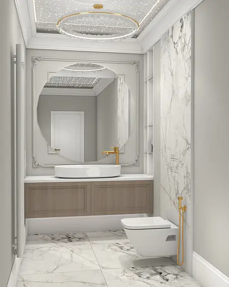 Glamour łazienka z minimalistycznym wykończeniem, marmurowymi płytkami i złotymi detalami.