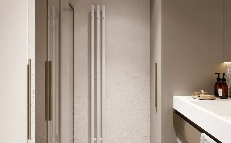 Nowoczesna łazienka w stylu minimalistycznym z prysznicem, białym blatem i elementami glamour