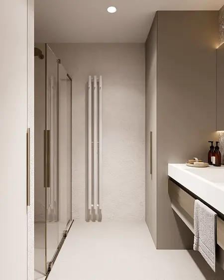 Nowoczesna łazienka w stylu minimalistycznym z prysznicem, białym blatem i elementami glamour