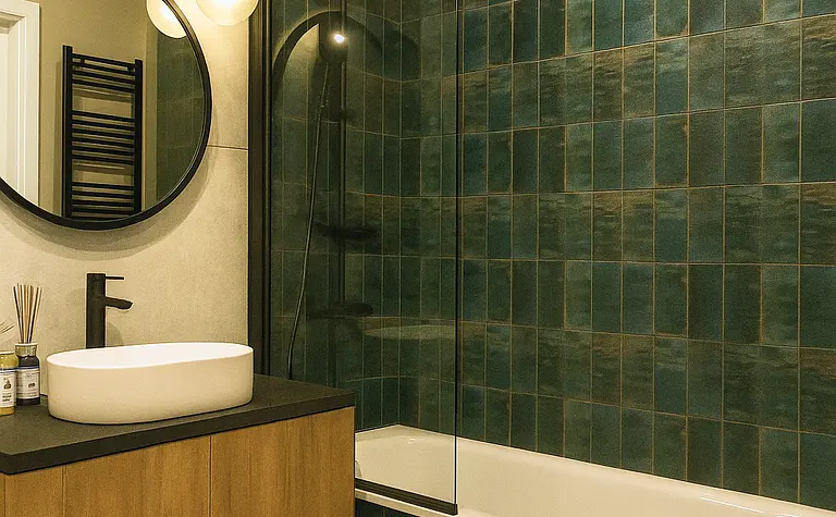Nowoczesna łazienka z zielonymi płytkami, wanną i drewnianymi meblami. Styl skandynawski.