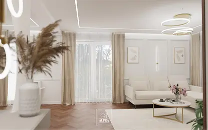 Wnętrze salonu z jasnymi meblami, drewnianą podłogą i kwiatami.