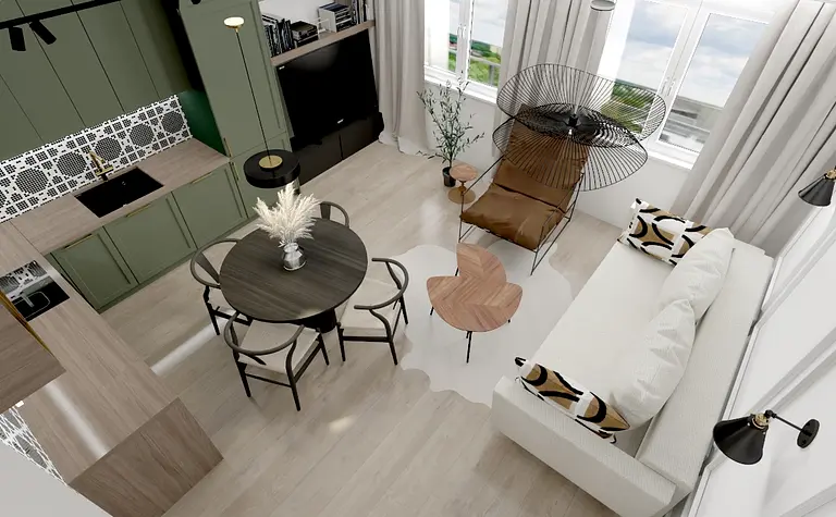 Wnętrze w stylu art deco z zieloną kuchnią i okrągłym stołem.