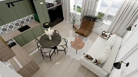 Wnętrze w stylu art deco z zieloną kuchnią i okrągłym stołem.