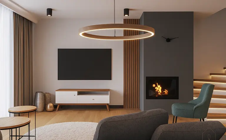 Minimalistyczny salon z kominkiem, szarym sofą i drewnianymi akcentami.