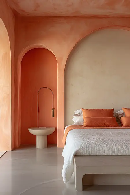 Wnętrze sypialni z pomarańczowymi poduszkami i nowoczesnym oświetleniem.