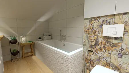 Współczesna łazienka z wanną, roślinami i płytkami w liście.